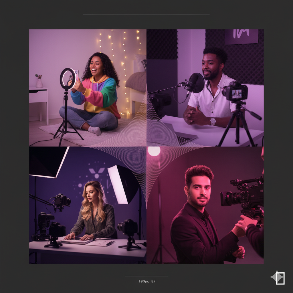 Diversidade de criadores de conteúdo brasileiros em diferentes estágios: do nano ao mega influenciador, mostrando variedade de setups e ambientes de trabalho